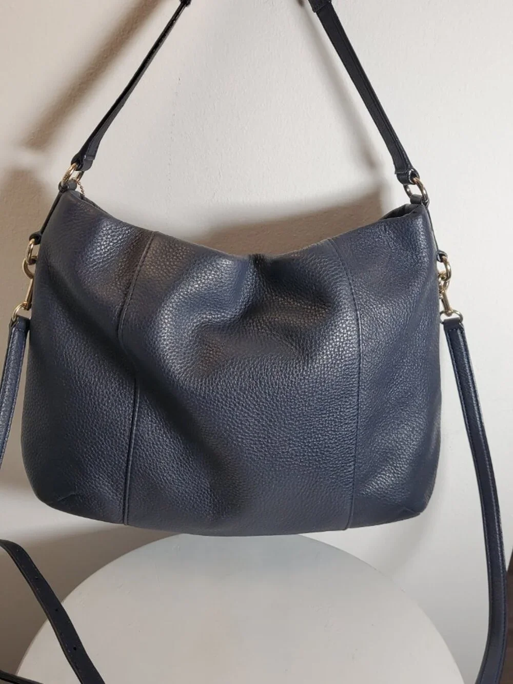 42. COACH dark navy pebbled hobo zip top shoulder bag gold hardware
